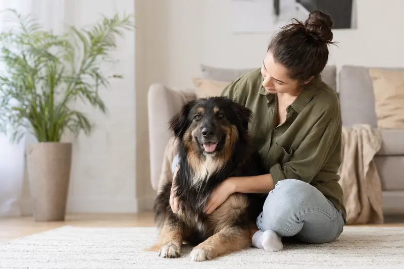 Ein glücklicher Bosnisch-herzegowinischer-kroatischer Schäferhund sitzt entspannt neben seinem Besitzer in einer modernen Wohnung.