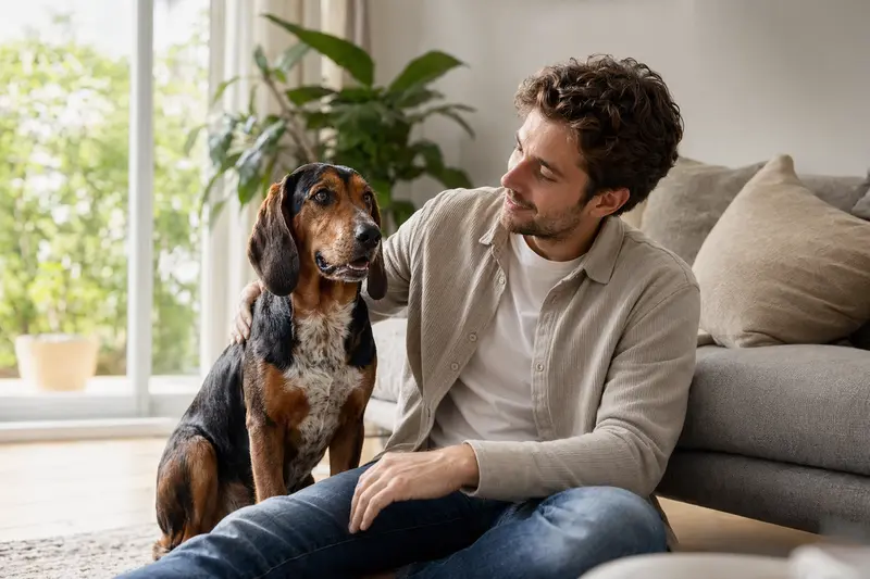 Ein glücklicher Bosnischer Bracke sitzt entspannt neben seinem Besitzer in einer modernen Wohnung.
