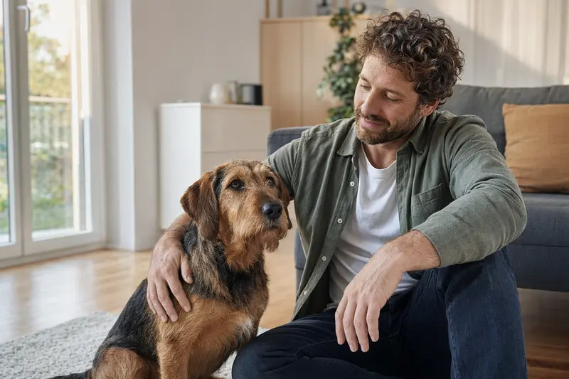 Ein entspannter Bosnischer Rauhhaarbracke sitzt neben seinem Besitzer in einer hellen, modernen Wohnung.