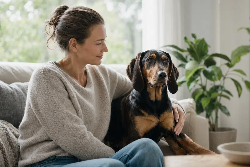 Ein entspannter Bosnischer Laufhund sitzt neben seinem Besitzer in einer hellen und modernen Wohnung.