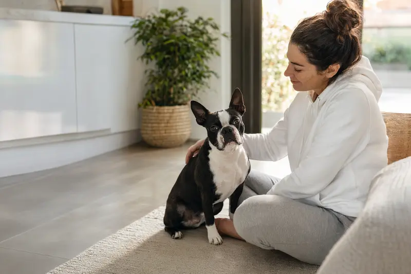 Ein entspannter Boston Terrier sitzt neben seinem Besitzer in einem hellen Wohnraum und strahlt Zufriedenheit aus.