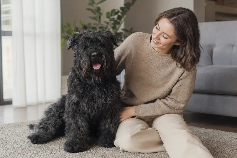 Ein entspannter Bouvier des Flandres sitzt neben seinem Besitzer in einer modernen Wohnung.