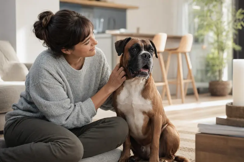 Ein entspannter Boxer sitzt neben seinem Besitzer in einer modernen Wohnung und genießt das warme Licht.