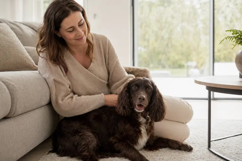 Ein glücklicher Boykin Spaniel sitzt entspannt neben seinem Besitzer in einer modernen Wohnung und genießt die vertrauliche Atmosphäre.