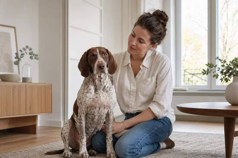 Ein glücklicher Brachet polonais sitzt entspannt neben seinem Halter in einer hellen Wohnung und vermittelt Vertrauen rund um Hundegesundheit und Versicherung.