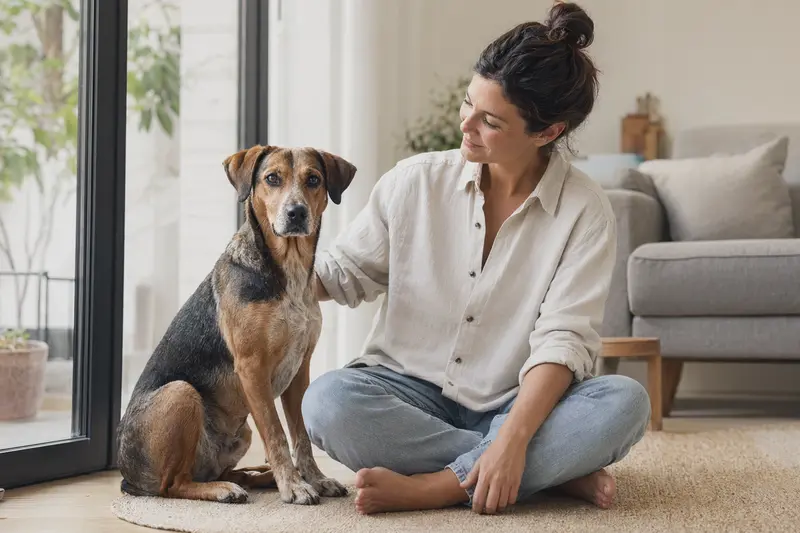 Glücklicher Hund sitzt entspannt neben seinem Halter in einer modernen Wohnung.