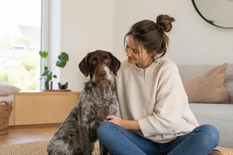 Ein glücklicher Braque du Puy sitzt entspannt neben seinem Besitzer in einer modernen Wohnung und strahlt Zufriedenheit aus.
