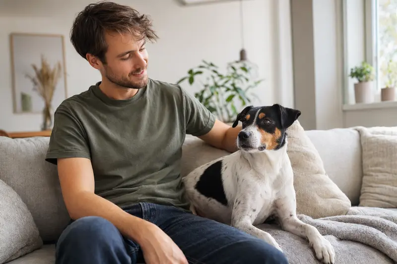 Ein glücklicher Brasilianischer Terrier sitzt entspannt neben seinem Besitzer in einer modernen Wohnung.