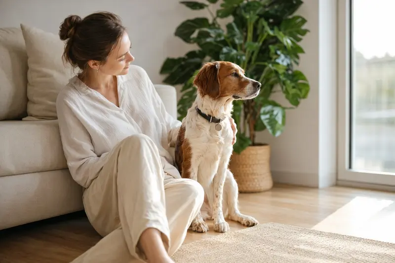 Ein entspannter Bretonischer Vorstehhund sitzt neben seinem Halter in einer hellen Wohnung.