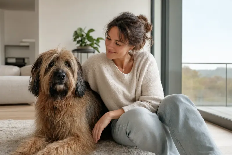 Ein entspannter Briard sitzt neben seinem glücklichen Halter in einer modernen Wohnung.