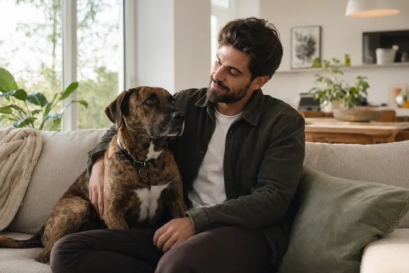 Ein glücklicher Bruno du Jura sitzt entspannt neben seinem Besitzer in einer modernen Wohnung.