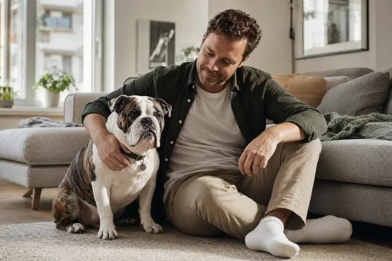 Ein glücklicher Bulldogge sitzt entspannt neben seinem Besitzer in einer modernen Wohnung.