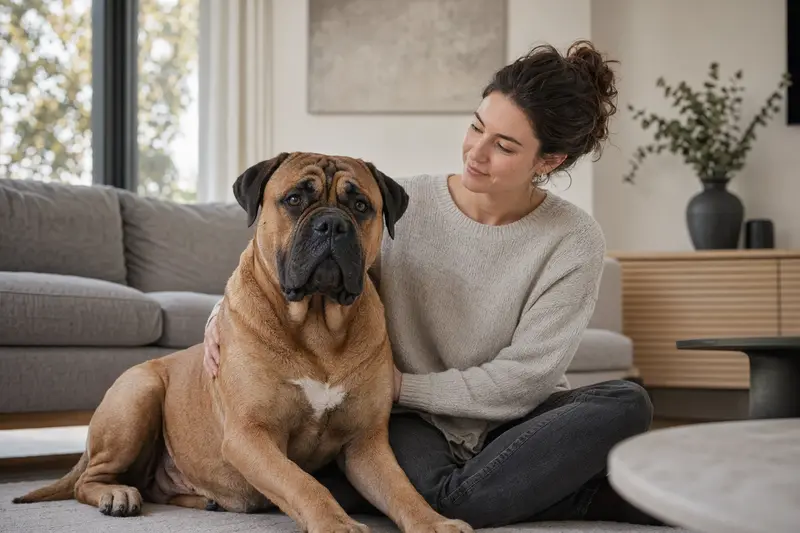 Ein glücklicher Bullmastiff sitzt entspannt neben seinem Besitzer in einer modernen Wohnung.