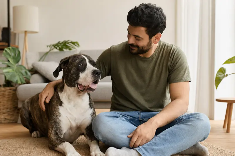 Ein entspannter Bully Kutta sitzt neben seinem glücklichen Halter in einer hellen Wohnung