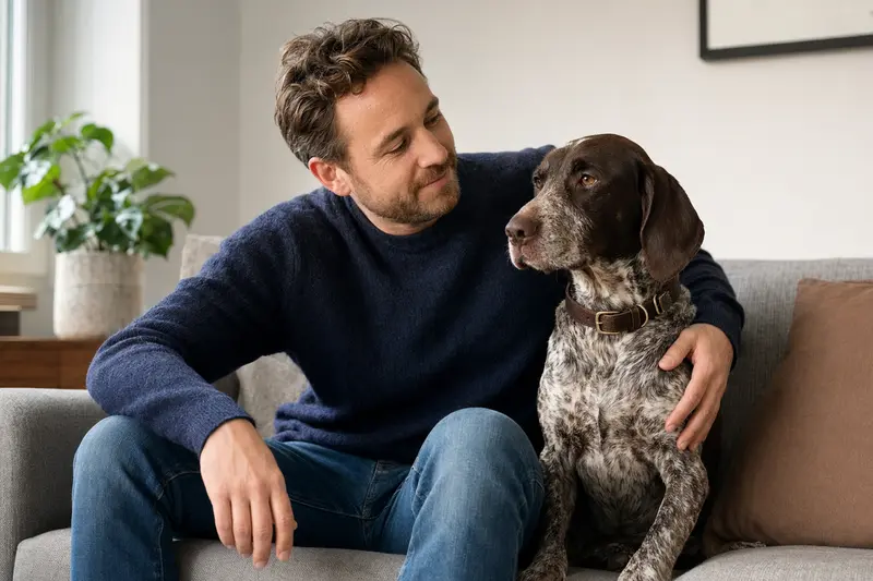 Ein glücklicher Burgos-Hühnerhund sitzt entspannt neben seinem Besitzer in einer modernen Wohnung und genießt die vertrauensvolle Atmosphäre.