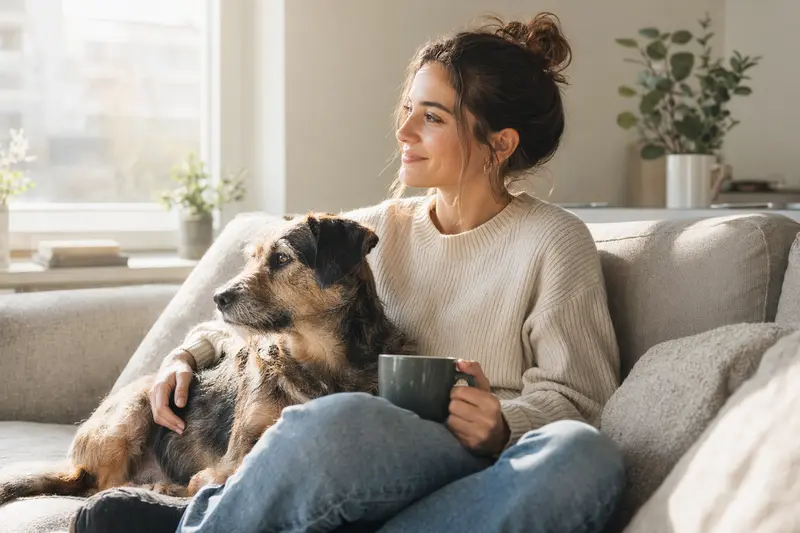 Ein entspannter Hund sitzt neben seinem Besitzer in einer hellen Wohnung und strahlt Zufriedenheit aus.