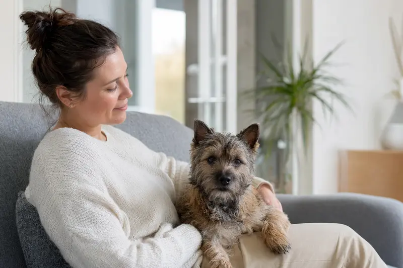 Ein entspannter Cairn Terrier sitzt neben seinem Halter in einer modernen Wohnung und strahlt eine vertrauensvolle Atmosphäre aus.