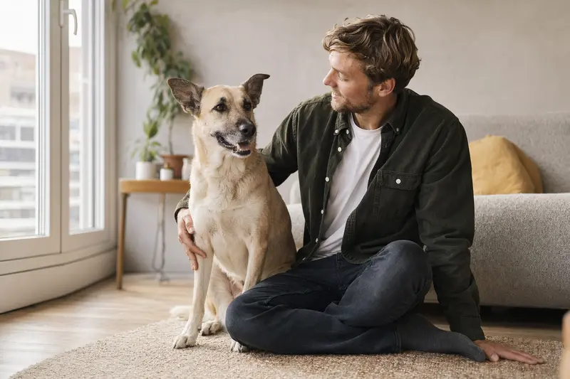 Ein glücklicher Canaan Dog sitzt entspannt neben seinem Halter in einer modernen Wohnung.
