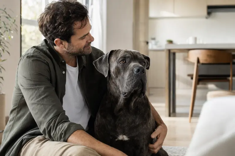 Ein entspannter Cane Corso sitzt neben seinem Besitzer in einer hellen Wohnung und strahlt Zufriedenheit aus.