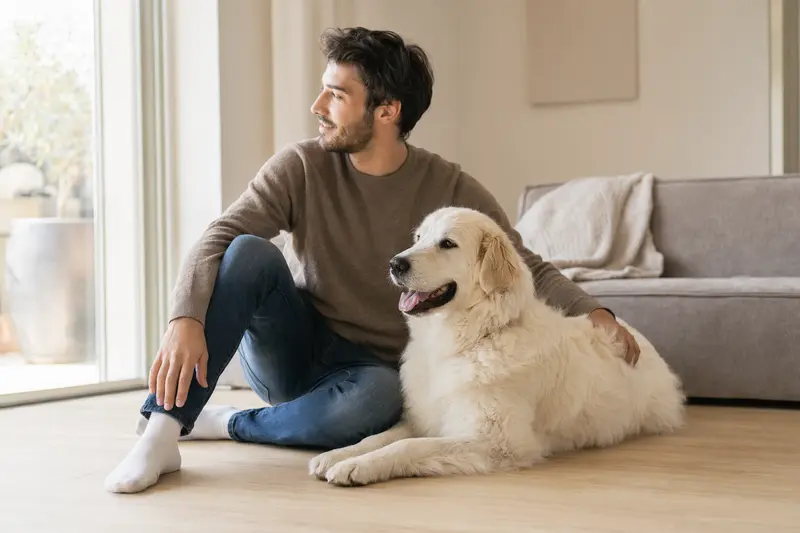 Ein entspannter Cane Da Pastore Maremmano Abruzzese sitzt neben seinem Besitzer in einer modernen Wohnung.