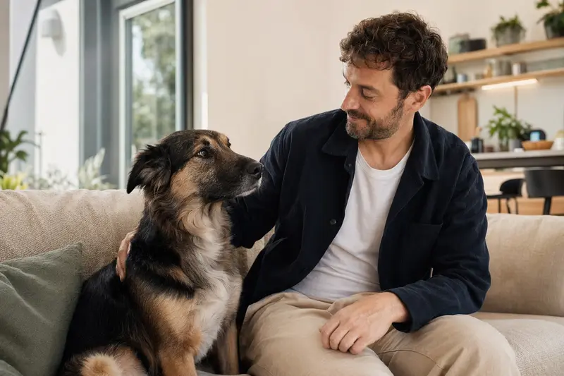 Ein glücklicher Cane da Pastore sitzt entspannt neben seinem Halter in einer hellen Wohnung als Hero-Bild zum Thema Hundeversicherung.