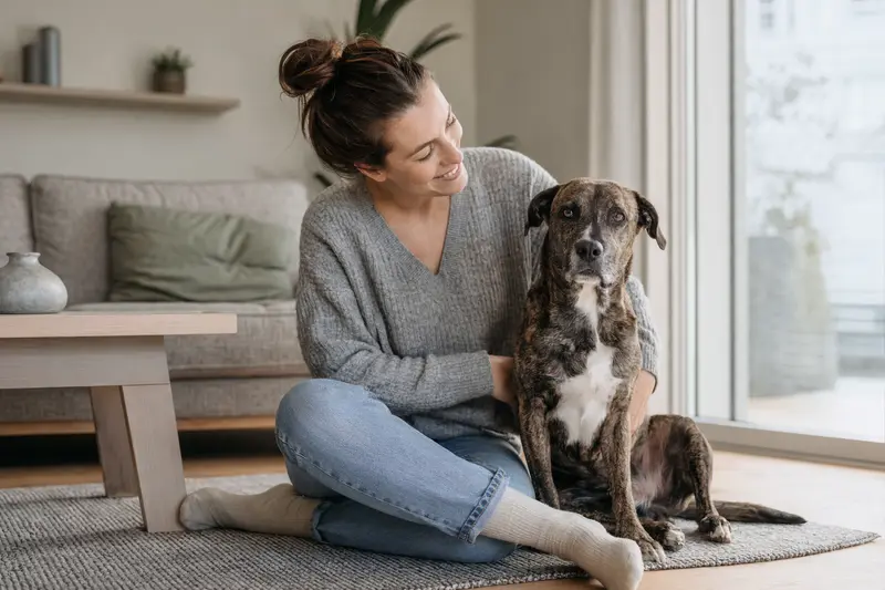 Der entspannte Cane Di Maccelaio sitzt neben seinem Besitzer in einer modernen Wohnung und genießt die vertrauensvolle Atmosphäre.