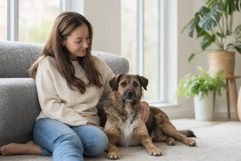 Ein gesunder Cão da Serra de Aires sitzt entspannt neben seinem Besitzer in einer modernen Wohnung.