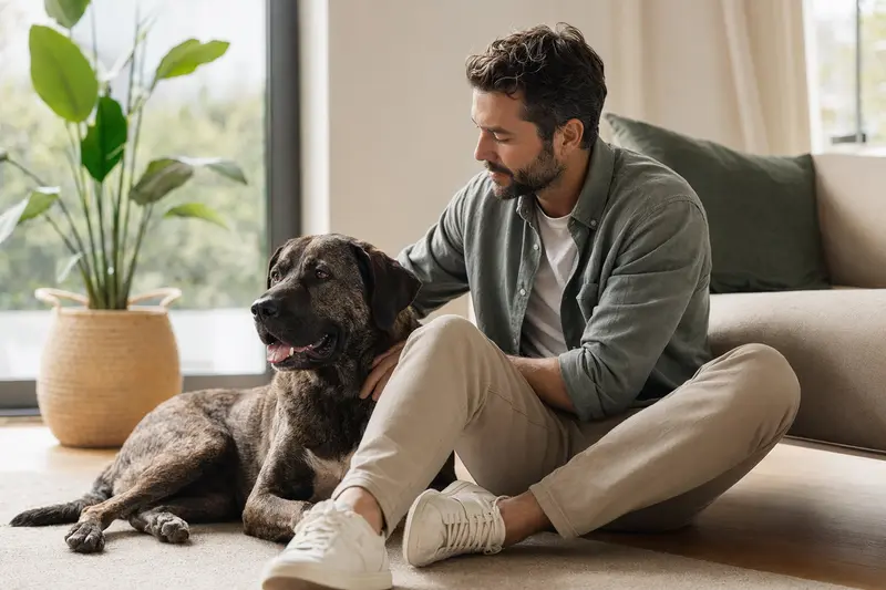 Glücklicher Hund Cao Fila de Sao Miguel sitzt entspannt neben seinem Besitzer in einer modernen Wohnung.