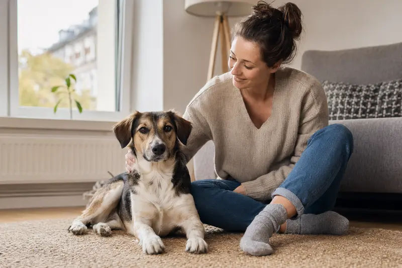 Ein glücklicher Hund sitzt entspannt neben seinem Besitzer in einer modernen Wohnung.