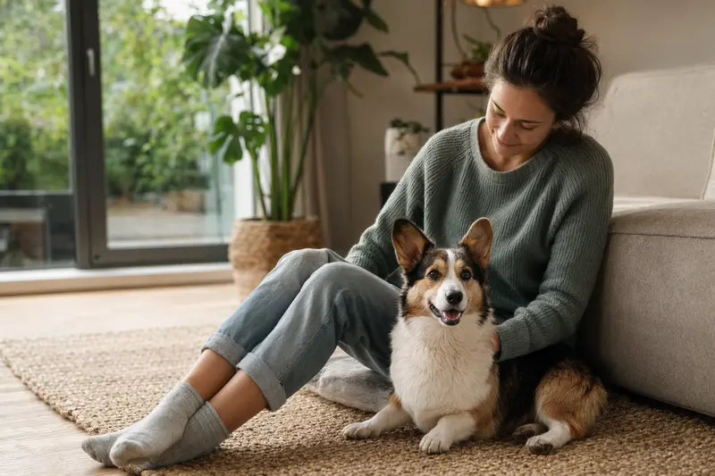 Ein glücklicher Cardigan Welsh Corgi sitzt entspannt neben seinem Halter in einer modernen Wohnung.