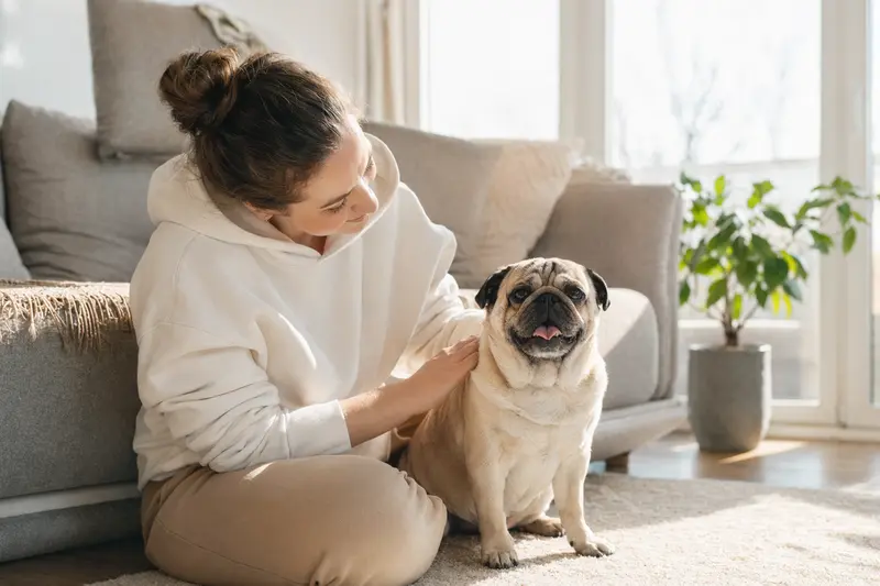 Ein glücklicher Hund sitzt entspannt neben seinem Besitzer in einer modernen Wohnung und strahlt Zufriedenheit aus.
