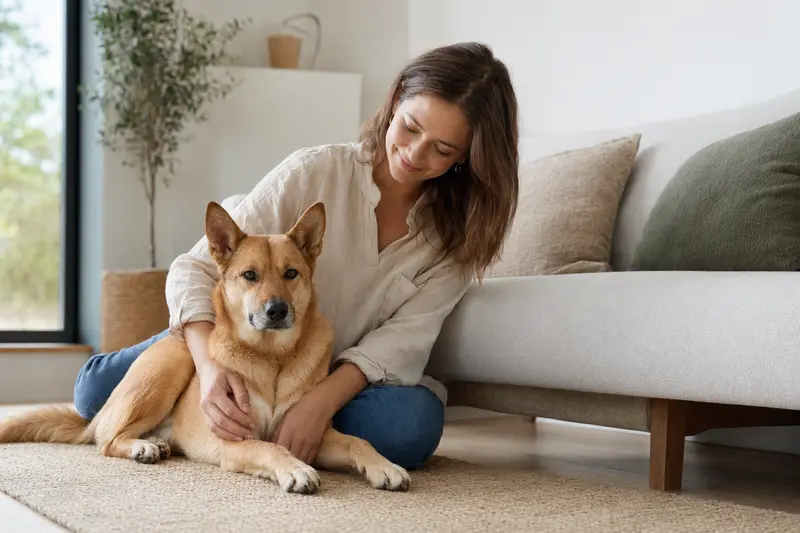 Ein glücklicher Carolina Dog sitzt entspannt neben seinem Besitzer in einer modernen Wohnung und strahlt Vertrauen aus.