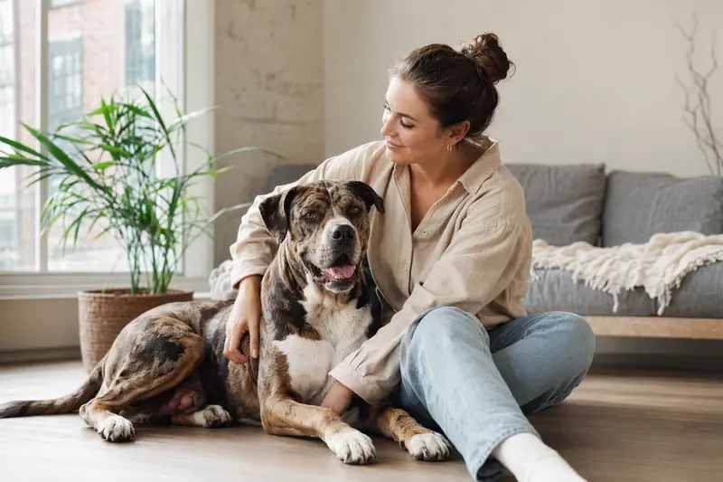 Eine glückliche Catahoula Bulldogge sitzt entspannt neben ihrem Besitzer in einer modernen Wohnung.