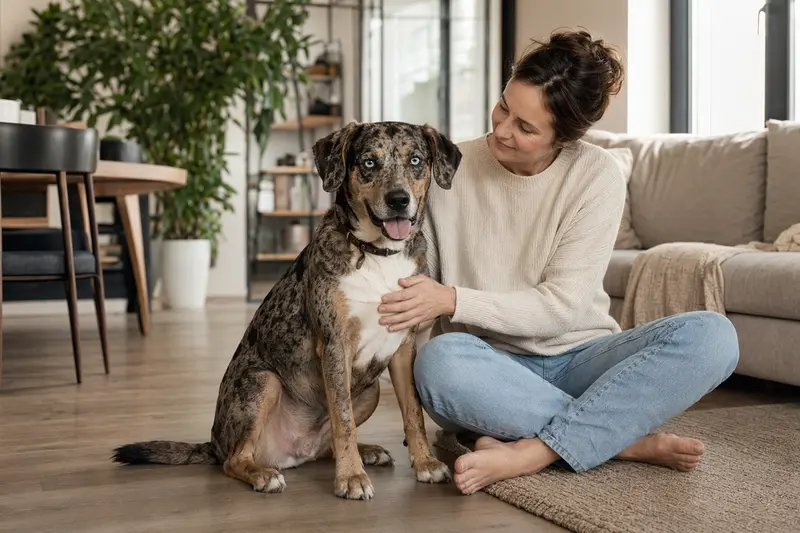 Ein entspannter Catahoula Leopard Dog sitzt neben seinem Besitzer in einer hellen Wohnung und strahlt Zufriedenheit aus.