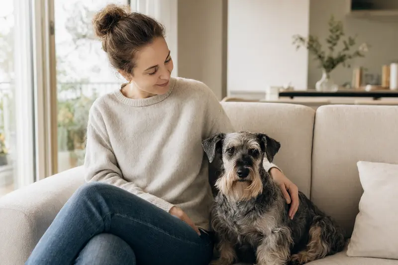 Ein glücklicher Cesky Terrier sitzt entspannt neben seinem Besitzer in einer modernen Wohnung bei warmem Licht.