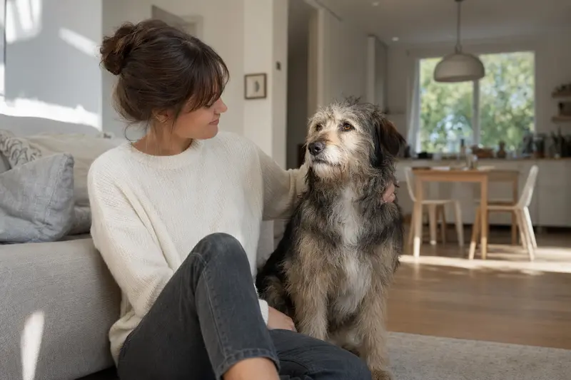 Ein glücklicher Hund sitzt entspannt neben seinem Besitzer in einer modernen Wohnung.