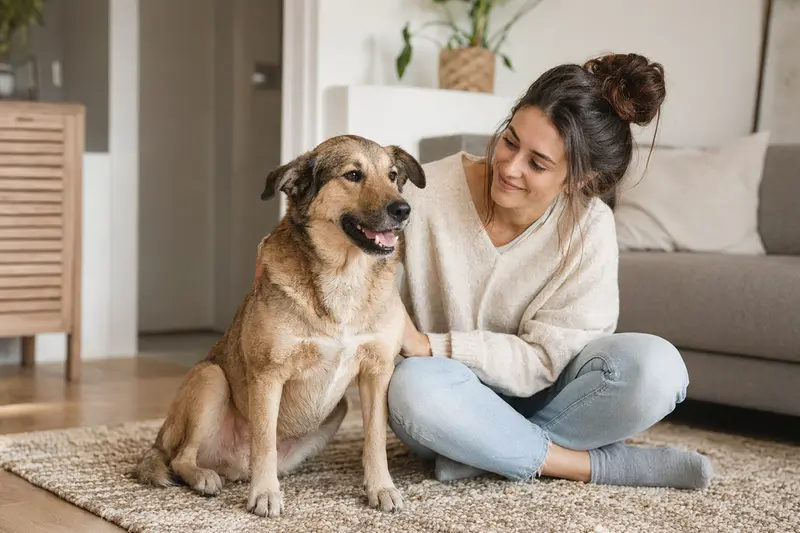 Glücklicher Hund sitzt entspannt neben seinem Halter in einer hellen modernen Wohnung mit vertrauensvoller Atmosphäre.