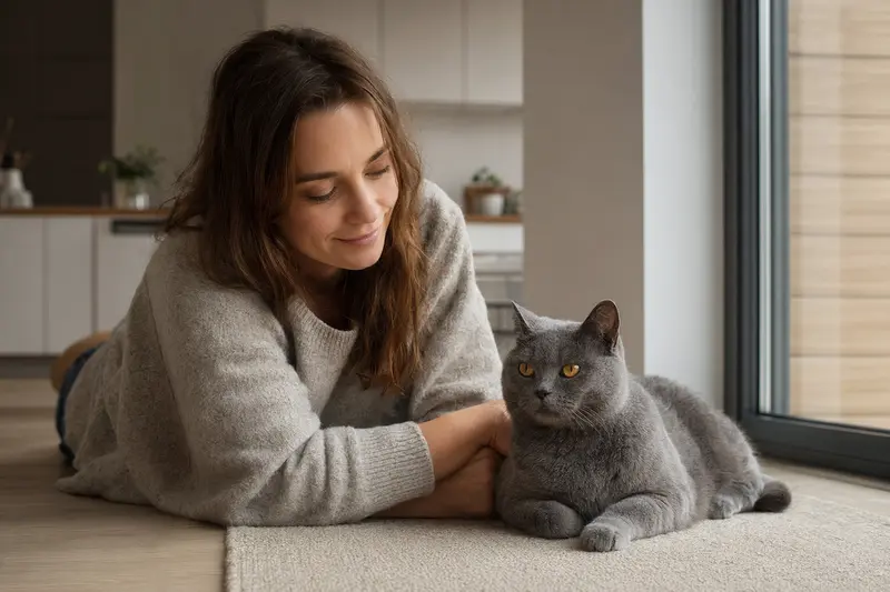 Ein gesunder Chartreux sitzt entspannt neben seinem Besitzer in einer modernen Wohnung und strahlt Vertrauen aus.