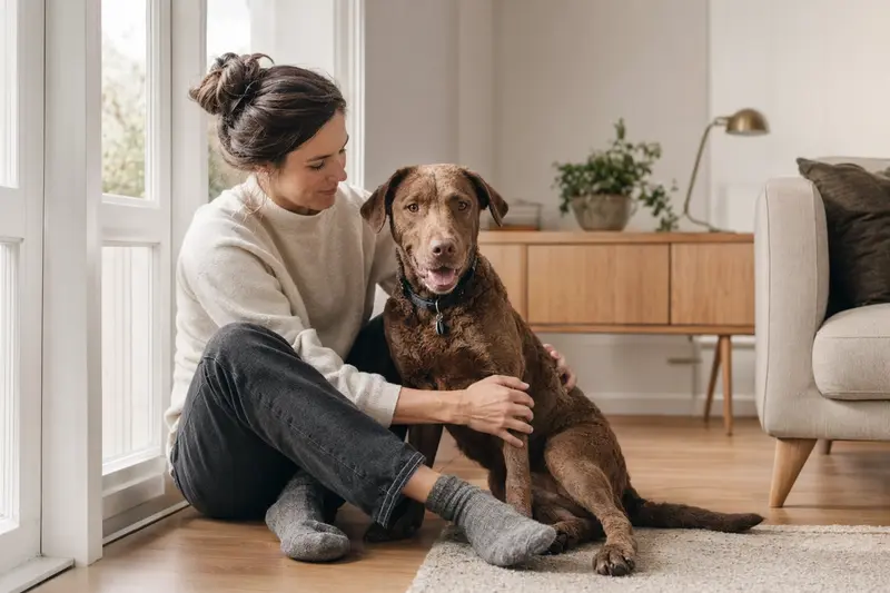 Ein glücklicher Chesapeake Bay Retriever sitzt entspannt neben seinem Halter in einer modernen Wohnung.