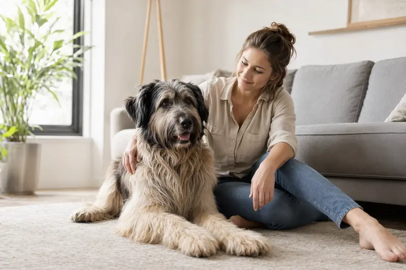 Ein glücklicher Hund sitzt entspannt neben seinem Halter in einer modernen Wohnung und strahlt Vertrauen aus.
