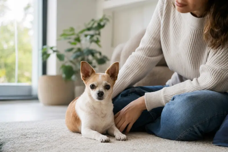 Ein gesunder Chihuahua sitzt entspannt neben seinem Halter in einer modernen Wohnung.