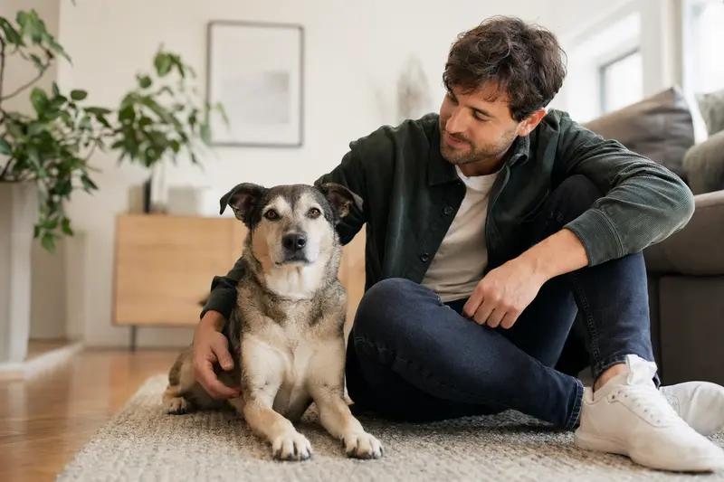 Ein glücklicher Chincha Bull sitzt entspannt neben seinem Halter in einer hellen Wohnung.