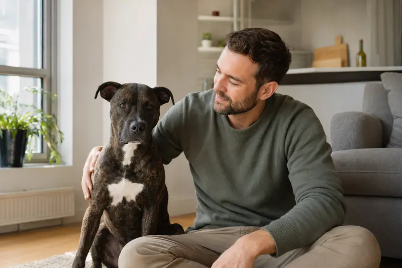 Ein freundlicher Chinesischer Kampfhund sitzt neben seinem glücklichen Besitzer in einer modernen Wohnung.