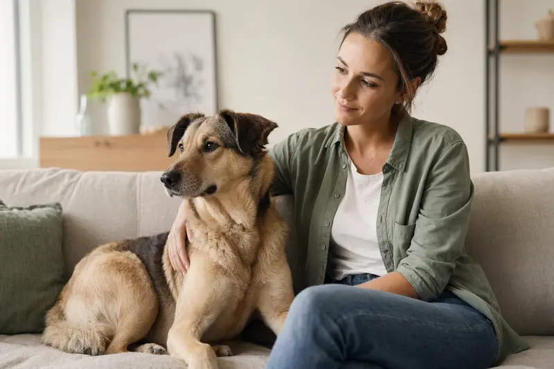 Ein glücklicher Chinook entspannt neben seinem Besitzer in einer hellen Wohnung.