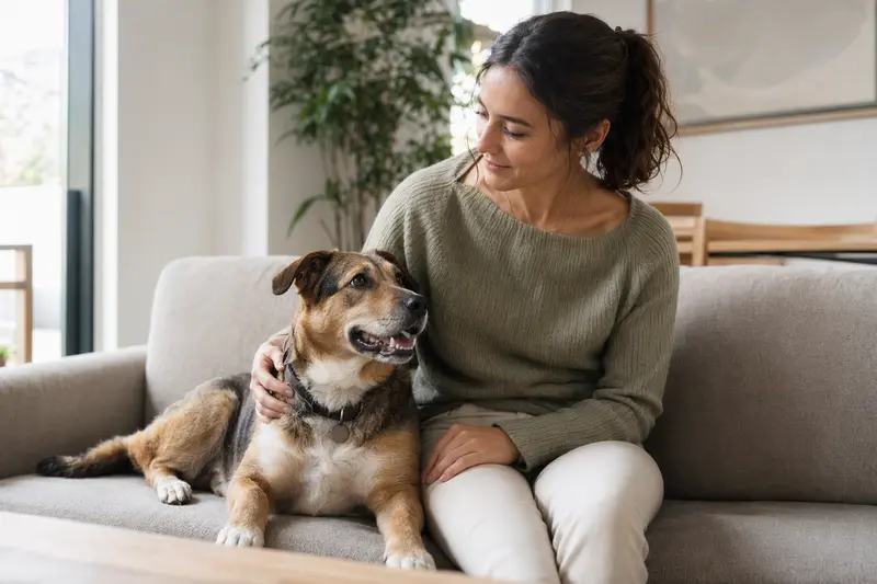 Ein glücklicher Chodenhund sitzt entspannt neben seinem Halter in einer modernen Wohnung.