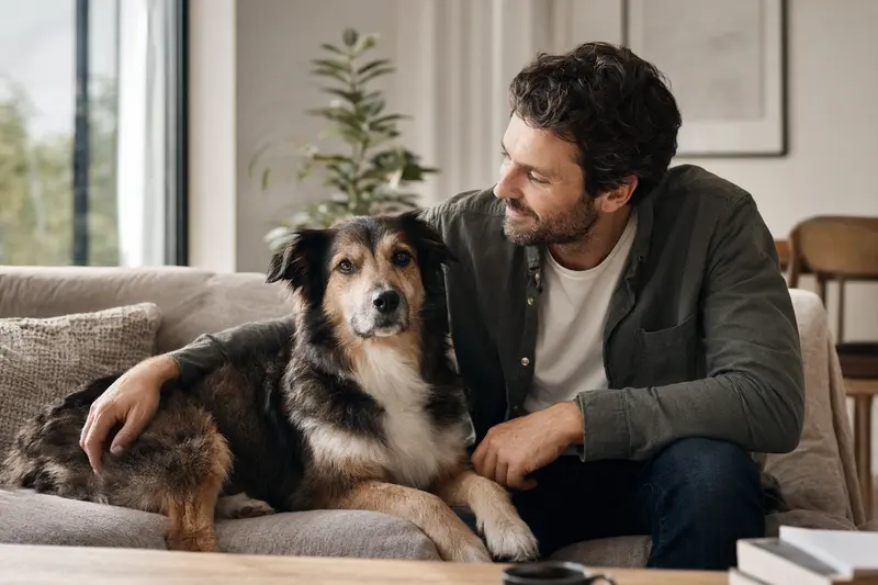 Ein entspannter Chodenländer Hund sitzt neben seinem Besitzer in einer modernen Wohnung, umgeben von warmem Licht.