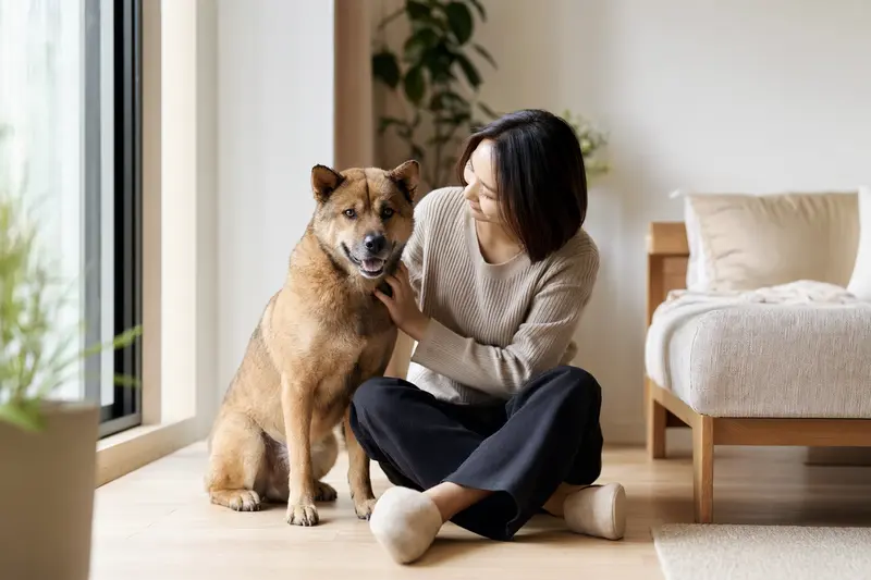 Ein glücklicher Chongqing-Hund sitzt neben seinem Besitzer in einer modernen Wohnung und vermittelt eine vertrauensvolle Atmosphäre.