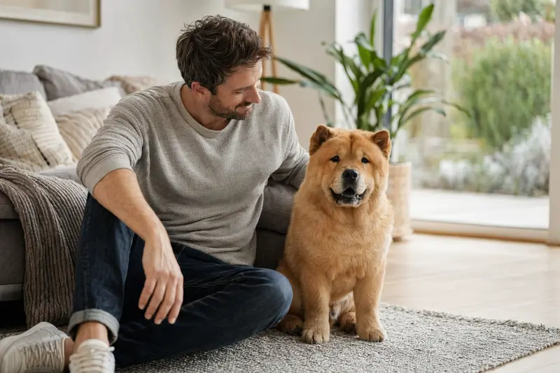 Ein glücklicher Chow-Chow sitzt neben seinem Besitzer in einer modernen Wohnung und strahlt Zufriedenheit aus.
