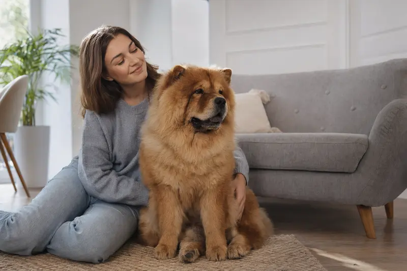 Ein entspannter Chow-Chow sitzt neben seinem Halter in einer modernen Wohnung und strahlt Freude aus.