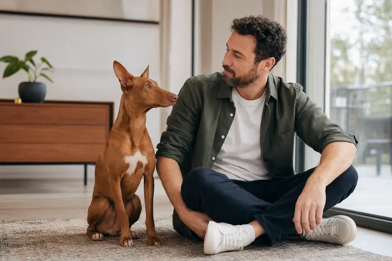 Ein freundlicher Cirneco dell'Etna sitzt entspannt neben seinem Halter in einer modernen Wohnung.